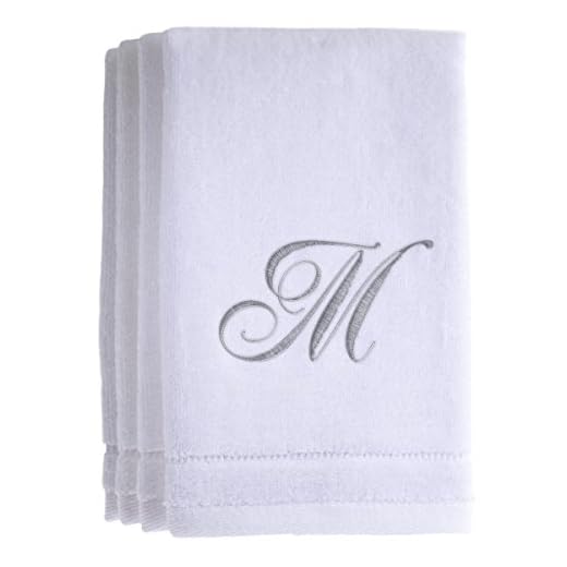 Monogrammed Towels Fingertip, Personalized Gift, 11 x 18 Inches - Set of 4- Silver Embroidered Towel - Extra Absorbent 100% Cotton- Soft Velour Finish - For Bathroom/ Kitchen/ Spa- Initial M (White)