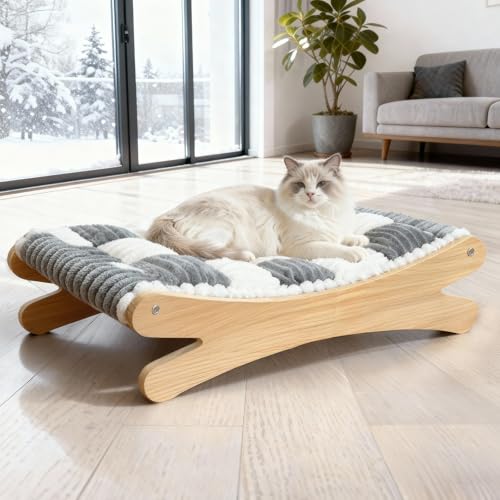 Chngeary Plush Elevated Cat Bed - Cozy Raised Cat Hammock with Solid Wood Frame Soft Furry Cushion for Indoor Cats & Small Dogs Multi-Color Options(Black White)