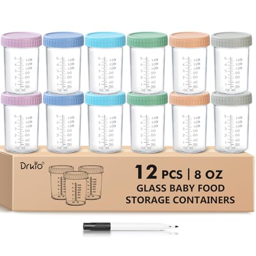 Image of DRKIO 12 Pack Glass Baby Food Storage Containers - 8 Oz Baby Food Jars with Lids Baby Food Maker Microwave Dishwasher Freezer Safe 100% Leak Proof BPA Free Reusable