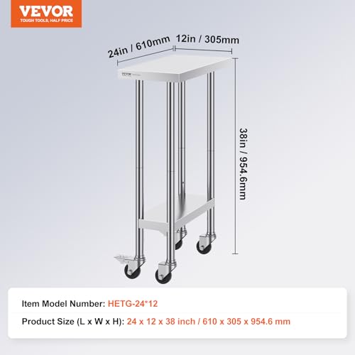 Image of VEVOR Stainless Steel Work Table 24 x 12 x 38 Inch, 500 LBS Load Capacity with 4 Wheels, 3 Adjustable Height Levels, Heavy Duty Food Prep Worktable for Commercial Kitchen Restaurant, Silver