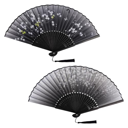 KEYIDO Lot de 2 Éventail Japonais Eventail Noir Plié Éventails Solide Evantail Bois Bambou Petit Evantaille Tissu Soie avec Frange pour Femme Mariage Été...