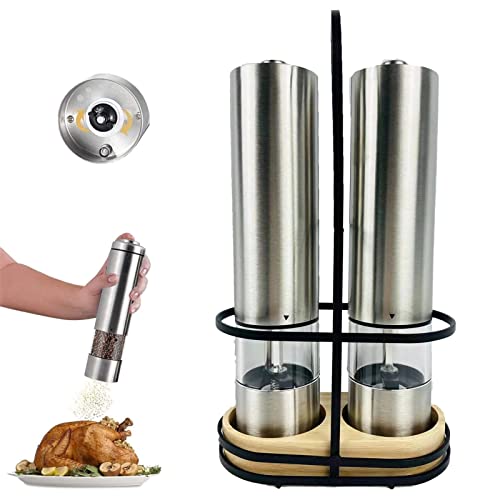 Salz und Pfeffermühle Elektrische set, Fine Life Pro Salz und Pfeffer Mühle Elektrisch Gewürzmühle, Schleifen auf Knopfdruck, Einstellbares Schleifen, mit Aufbewahrungsbügel, mit LED-Licht, 2 Stück Cover