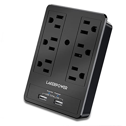 Surge Protector, Outlet Extender with 6 AC Outlet 2 USB Charging Ports(Smart 2.4A Total), Plug Extender Wall Mount, Multi Outlet Plug for Home Office, Travel Charger with Phone Holder Black