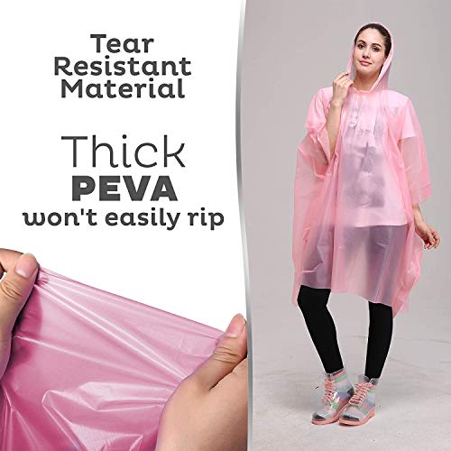 Emergency Rain Poncho Adult with Drawstring Hood - 6 Pack of Color Assorted Waterproof Thinker Ponchos - Lightweight yet Strong, Reusable or Disposable - for Concerts, Amusement Parks, Camping.