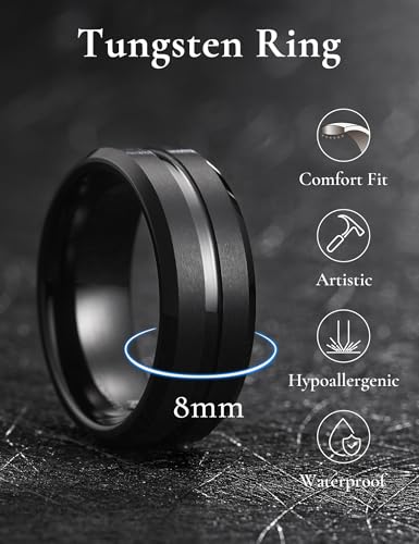 Image of King Will Tungsten Carbide Wedding Band for Men Women-6 /8 /10mm Width Multicolor Available with Grooved Center Wedding Ring Suitable for Work, Gym Comfort Fit Size 4-16