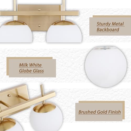 Image of Gold Vanity Light 2-Light Mid Century Modern Bathroom Vanity Light Fixture Globe with Milk White Glass Shade Wall Light Over Mirror (E12 Base)