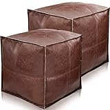 2 Pcs Square Pouf Ottoman Cover Unstuffed Cube Bag Pouf Ottoman Brown Handmade Faux Pu Leather Floor for Living Room Balcony Bedroom Office Storage Solution Moroccan Style Only Cover 17 x 17 Inch