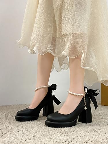 ZQW Mary Jane High Heels for Women Block Heel Chunky Platform Pointed Toe Ankle Strap Shoes with Pearl Wedding Bridal Party Date Wear2