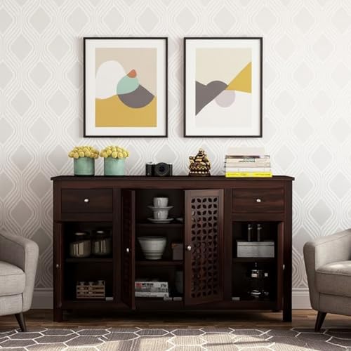 Image of Amazon Brand - Solimo Solid Sheesham Wood Minza Sideboard Cabinet with 2 Drawers & 4 Doors | Multipurpose Wooden Storage Organizer Unit for Living Room, Bedroom, Kitchen & Crockery (Walnut Finish)