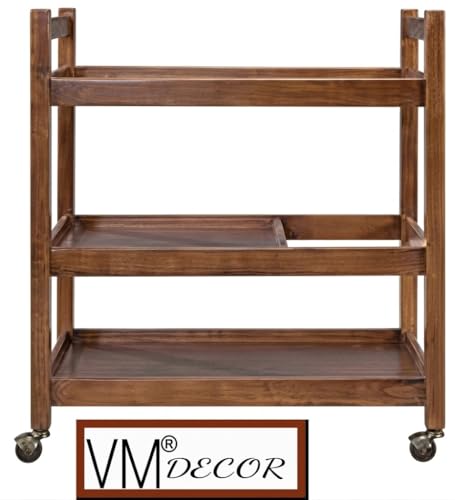 Image of Wooden Wine cart Serving bar Trolley with Wheel Black Finish (30x18x32 inches, Brown)