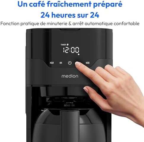 MEDION Cafetière avec verseuse isotherme et minuteur (filtre, 8 tasses, 1,2 L, 900 W, 3 niveaux, maintien au chaud, minuterie, anti-goutte, affichage, MD18458), noir mat - Image 4