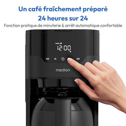 MEDION Cafetière avec verseuse isotherme et minuteur (filtre, 8 tasses, 1,2 L, 900 W, 3 niveaux, maintien au chaud, minuterie, anti-goutte, affichage, MD18458), noir mat – vue 4