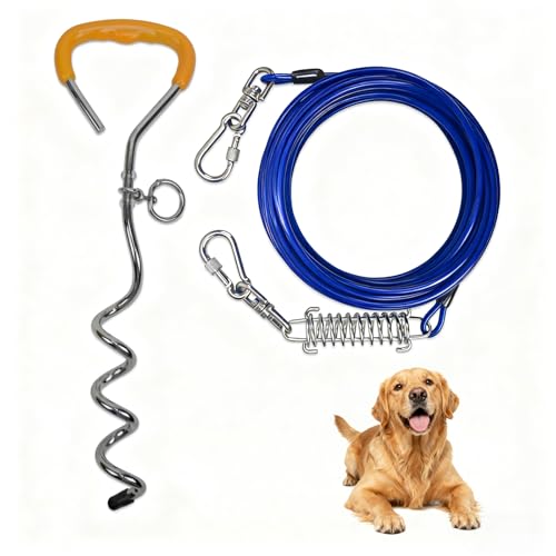 Dog Tie-Out Cable and Stake, 30 FT Heavy Duty Dogs Lead Cable with Detachable Shock Spring, Ideal for Yard, Camping and Beach, Suitable for Small Medium Large