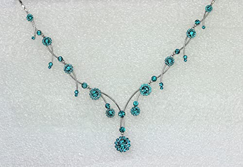 Faship Teal/Malibu Blue Rhinestone Crystal Floral Necklace Earrings Set - Malibu Blue #TOP2