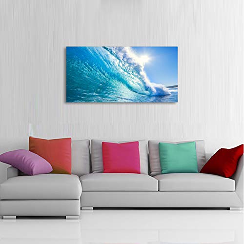 Image of Haichuang Decor Art Framed Ocean Wave Wall Art, 48x24 Inch Large Horizontal Turquoise Sea Canvas Prints, Coastal Beach Nautical Wall Decor for Living Room Bedroom Bathroom Ready to Hang