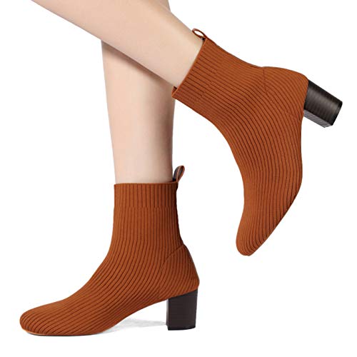 Gatuxus Women's Glove Chunky Mid Heel Ankle Boots Pointed Toe Knit Sock Style Booties Casual Warm Shoes (Brown, Numeric_10) #TOP4