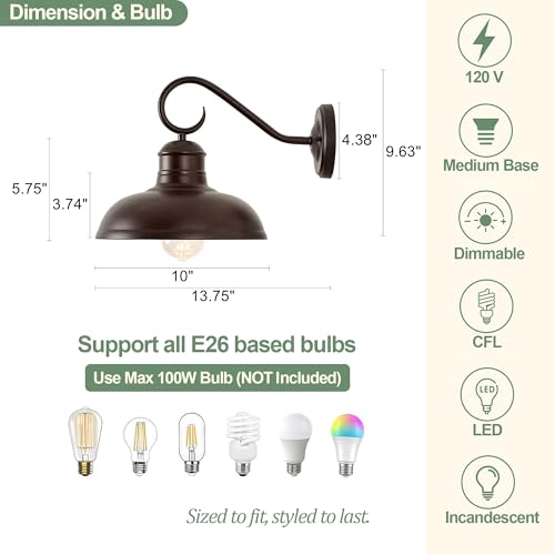 Image of GOLDHILL 10 Inch Farmhouse Gooseneck Barn Light with Gold Interior 1 Pack, Oil Rubbed Bronze Rustic Outdoor Wall Sconce for Garage Porch Bathroom Vanity, E26 Base, ETL Listed