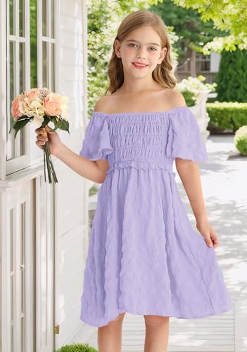 BesserBay Summer Girls Square Neck Smocked Short Sleeve Solid Midi Dress 5-14 Years4