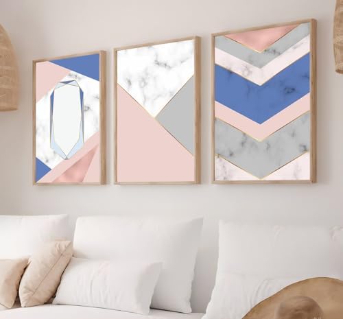 Kit 3 Quadros Geométricos Marmorizado Rosa e Azul Moderno Decoraç...