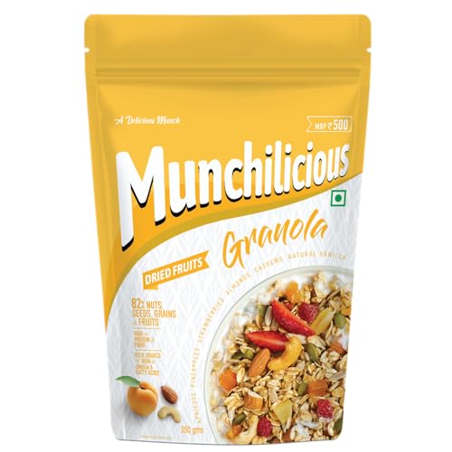 Munchilicious Granola - Crunchy Dried Fruits, 350g | 82% Nuts, Seeds, Grains & Fruits | Protein Rich Breakfast Cereal with Almonds, Cashew, Apricot, Pineapple & Strawberry | No Added Preservatives