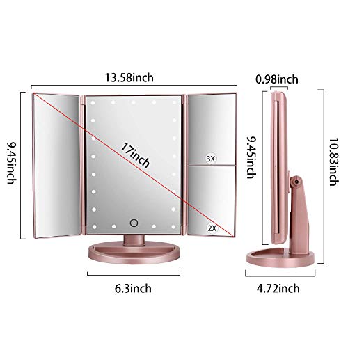 deweisn Tri-Fold Lighted Vanity Mirror with 21 LEDs and Touch Screen, Featuring 3X/2X/1X Magnification and Dual Power Supply - Ideal for Makeup and Travel