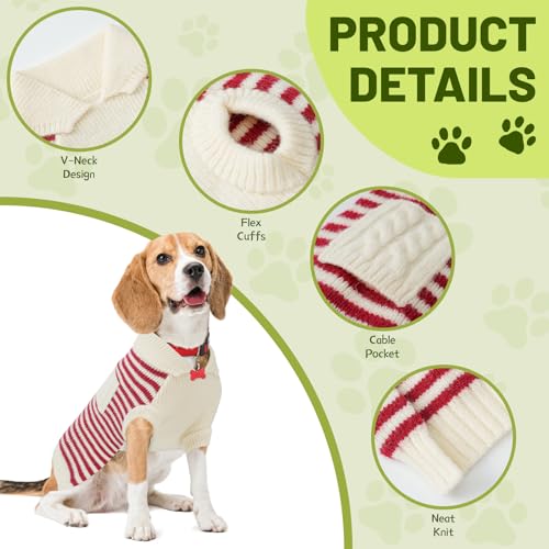 Image of Small Dog Sweater, Knitted Striped Pullover Dog Clothes for Cold Weather, Thick Warm Cozy Stretchy Sweater for Chihuahua, Bulldog, Dachshund, Pug(Red & White Strip, M)