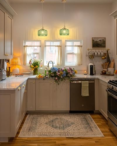 Image of Shenmoyl Pendant Light 2 Pack with Green Striped Glass Lmapshade, Brass Vintage Pendant Light Adjustable Hanging Light for Kitchen Island Dining Room Hallway