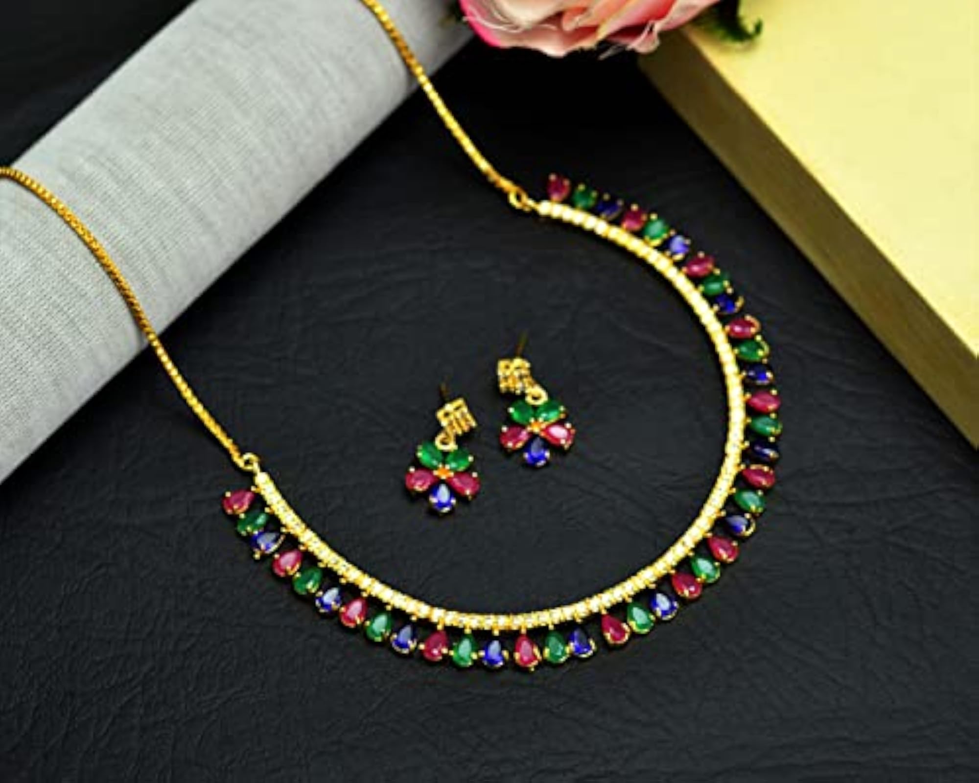 American Diamond Plated Sparkling Choker Necklace with Earrings Set