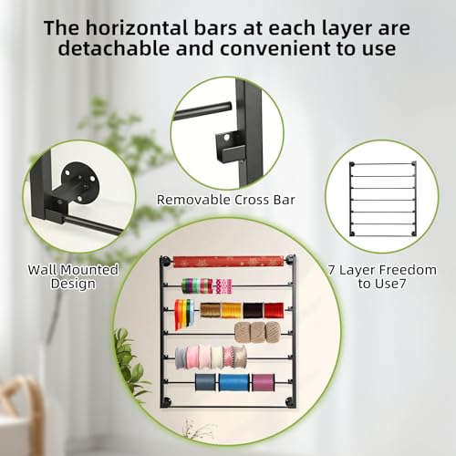 Image of 7 Tier Wall Mounted Ribbon Storage Organizer Rack, Metal Ribbon Holder for Craft Room Flower Store, Ideal for Wrapping Paper Scarf Tie Belt Towel - Black