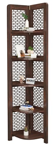 Image of Sheesham Wood Brick Corner Shelf for Living Room Bedroom Home | CNC 5 Tier Corner Bookshelf | Wooden Ladder Bookcase Display Unit (Walnut Finish)