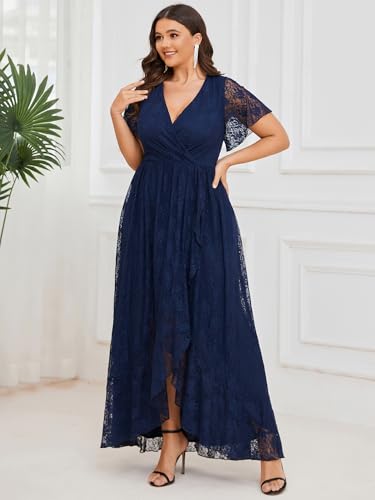 Ever-Pretty Women's V Neck Ruffles Sleeves High Low Lace Plus Size Summer Cocktail Party Wedding Guest Dresses 01489-DAPH3