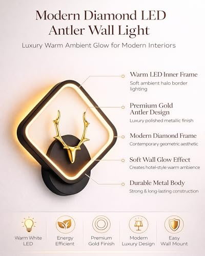 Image of Homesake LED Wall Lamp for Living Room Bedroom, Modern Golden Deer Decorative Wall Light, Warm White Indoor Designer Home Decor Light, Stag Face, Square Frame, (Black, Square)