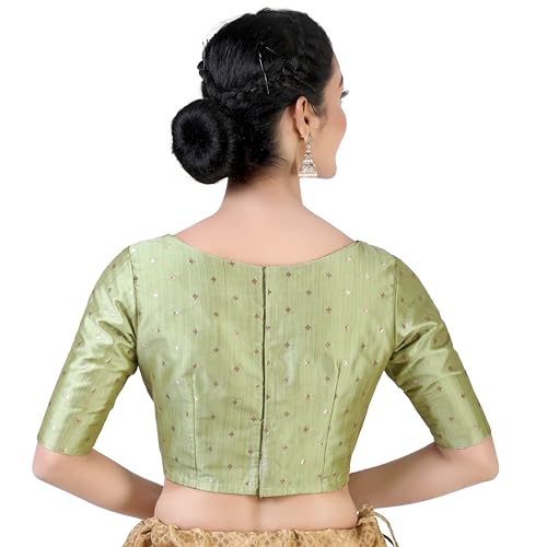 Image of Studio Shringaar Women Cotton Silk Silky Brocade Readymade Elbow Length Sleeves Saree Blouse Choli