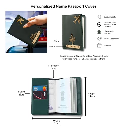 Image of AICA Personalized Name & Charm Passport Cover Combo Giftset for Women (Dark Green) |Customized Wedding Anniversary Birthday Engagement Gift for Wife Bride Bridemaids