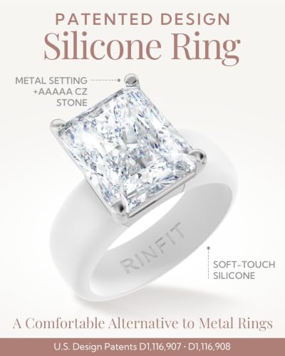 Rinfit Silicone Ring with Stone, Emerald Cut CZ - Wht/Sil, Size 7 | 5A Cubic Zirconia Solitaire Engagement Ring for Her, Patented Rubber Wedding Band for Women, Travel Work Gym, Bridal Promise - image 4