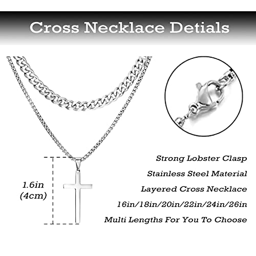 Inerrwix Cross Necklace For Men Cross Necklaces Layered Chain Cross Pendant Necklace Cuban Link Chain For Men Stainless Steel Cross Pendant Necklace Jewelry Gifts For Men Boys (18/20In, Silver) #TOP1