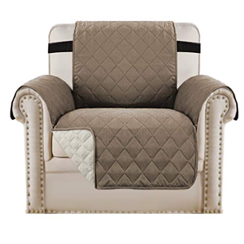 Housse de Protection pour Chaise 1 Place pour Salon Housse de Meubles antidérapante pour Chiens/Animaux de Compagnie, Motif à Carreaux épais matelassé avec Sangle (1 Place -Taupe/Beige) Cover
