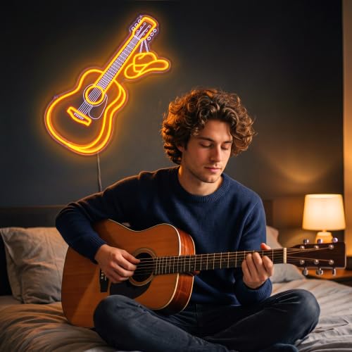 Image of Cowboy Acoustic Guitar Neon Light, Dimmable LED Guitar Neon Wall Sign with Cowboy Hat, USB Powered Western Country Music Decor for Bedroom, Man Cave, Music Studio, Gift for Guitar Players