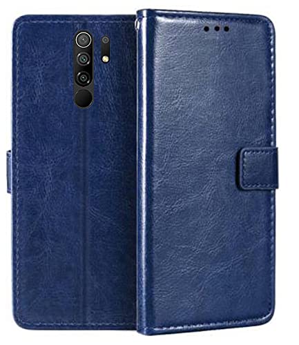 MG Star Flip Cover for Redmi 9 Prime PU Leather Vintage Case with Card Holder and Magnetic Stand (Blue)