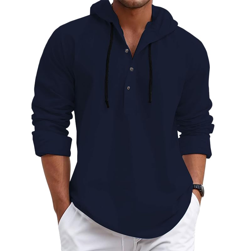 Mens Solid Long Sleeve Drawstring Hoodie Button Up Shirt Casual Loose Fit Cotton Spring Fall Sweatshirt