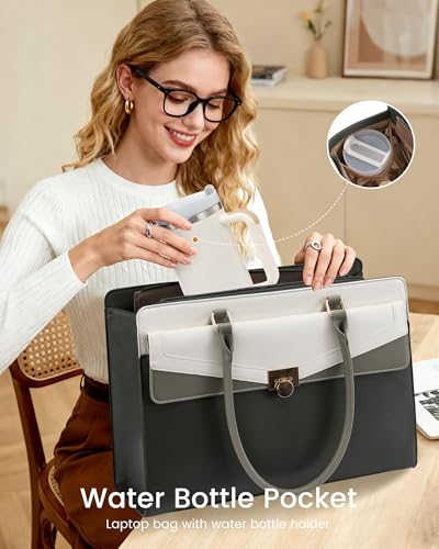 Image of LOVEVOOK Laptop Tote Bag for Women, PU Leather Work Bag, Teacher Tote | with Large Cup Holder, Waterproof Vintage Briefcase for Business Travel & Commute, Magnetic Snap, Padded Laptop Pocket