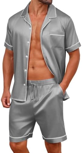 Vssjavun Conjunto de pijama masculino de seda acetinada, manga cu...