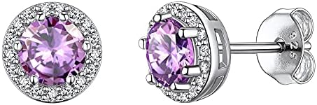 Suplight Hypoallergenic 925 Sterling Silver Heart Shape/Round Cut Halo Birthstone Stud Earrings for Women Girls (with Gift Box)