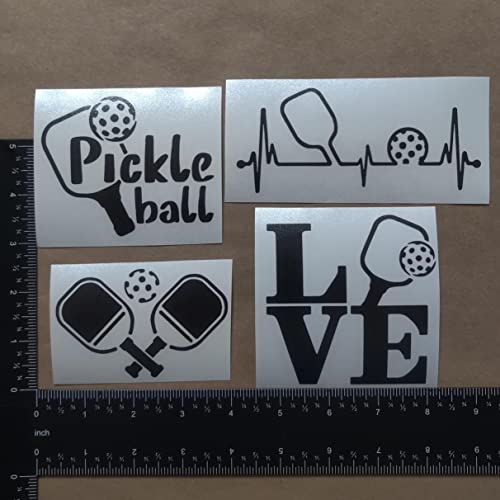 Image of Pickleball Decals 4 Pack: Pickle Ball, Pickleball Heartbeat, Paddles and Pickleball, Love Pickleball Decals (Black, Small ~3.5 inch)