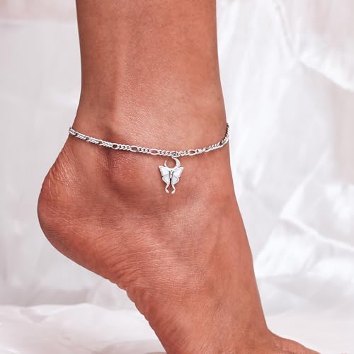 Image of CHIC & ARTSY 925 Sterling Silver Ankle Bracelets for Women, Adjustable Layered Foot Chains with Nature & Symbol Charms, Lightweight Comfort Fit Boho Beach Everyday Jewelry
