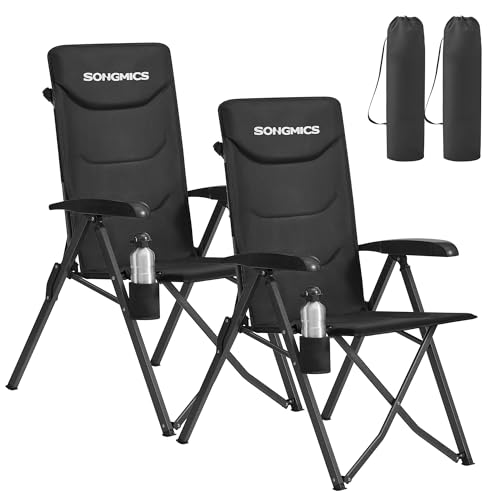 SONGMICS Lot de 2, Chaises Pliantes Camping, Dossier Inclinable 95°–150°, Fauteuils Campings, Dossier Haut Réglable, Porte‑Gobelet Pivotant, Sac avec Sangle, pour...