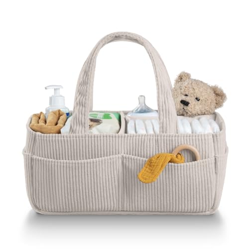 PUTSKA Baby Diaper Caddy Organizer for Changing Table – Stylish Nursery Storage Basket, Newborn Essentials, Baby Shower Gifts and Registry Must-Haves for Boy or Girl, Car Diaper Caddy, Corduroy Ivory