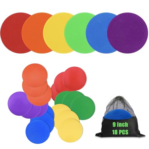 Qtheaes 9 Inch Poly Spot Markers for Sports Training 6/18 Pcs Round Multiple Color Rubber Non-Slip Spots Marker for Classroom Games Gym Floor Dots and PE Activitie