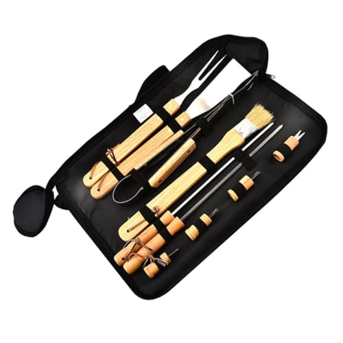 Set portátil 10 piezas para parrilla con mangos de madera y acero inoxidable miniatura 1