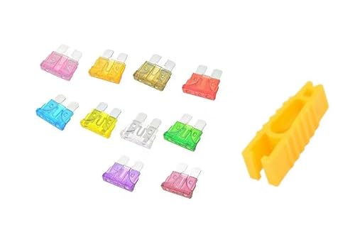 10x Auto Flachsicherungen mit Mini-Werkzeug – 3A bis 40A – KFZ Sicherung Set in 10 Farben inkl. Sicherungszieher – Standardgröße für Pkw, Motorrad & Boot